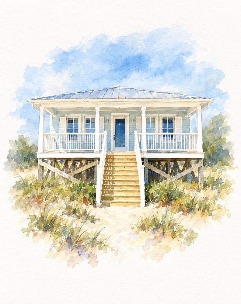 Watercolor portrait of a beach cottage