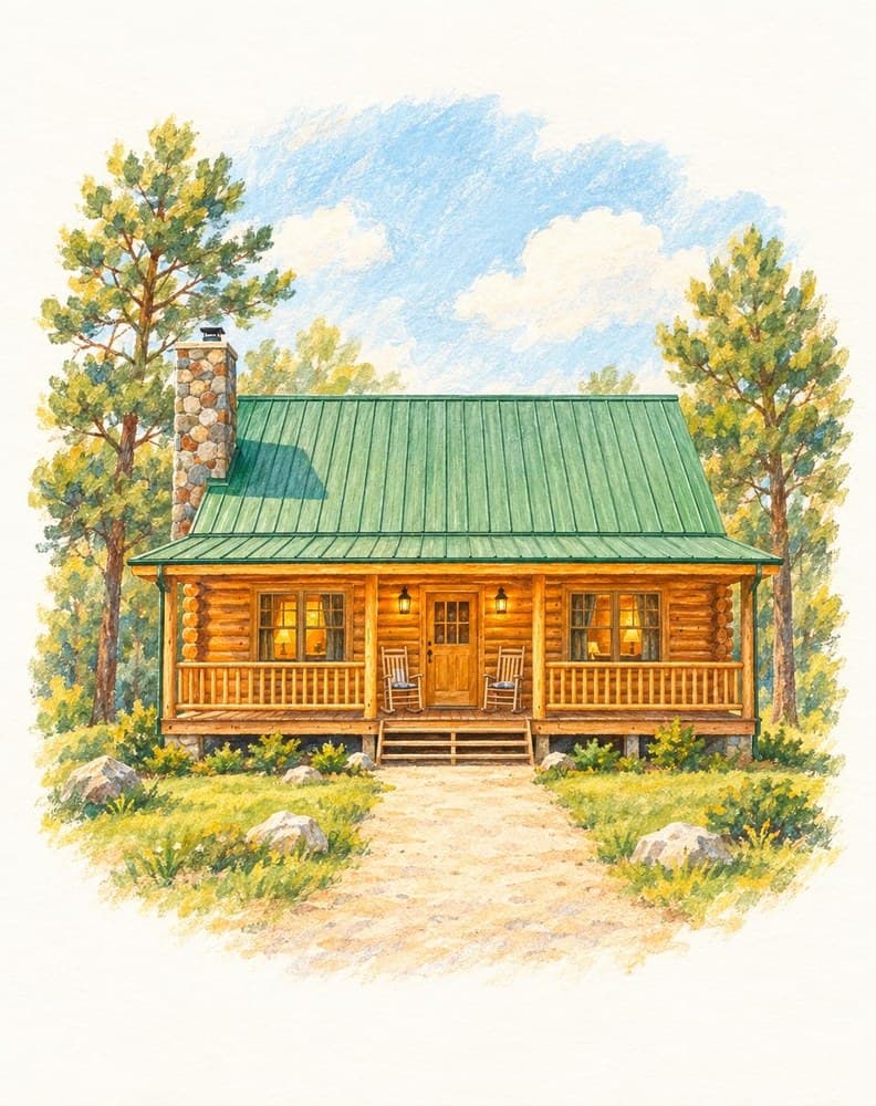 Storybook portrait of a log cabin