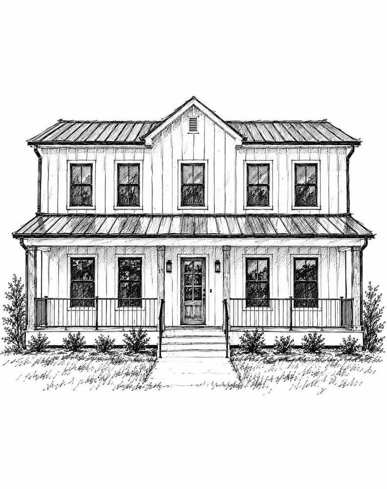 Pen & Ink portrait of a modern farmhouse