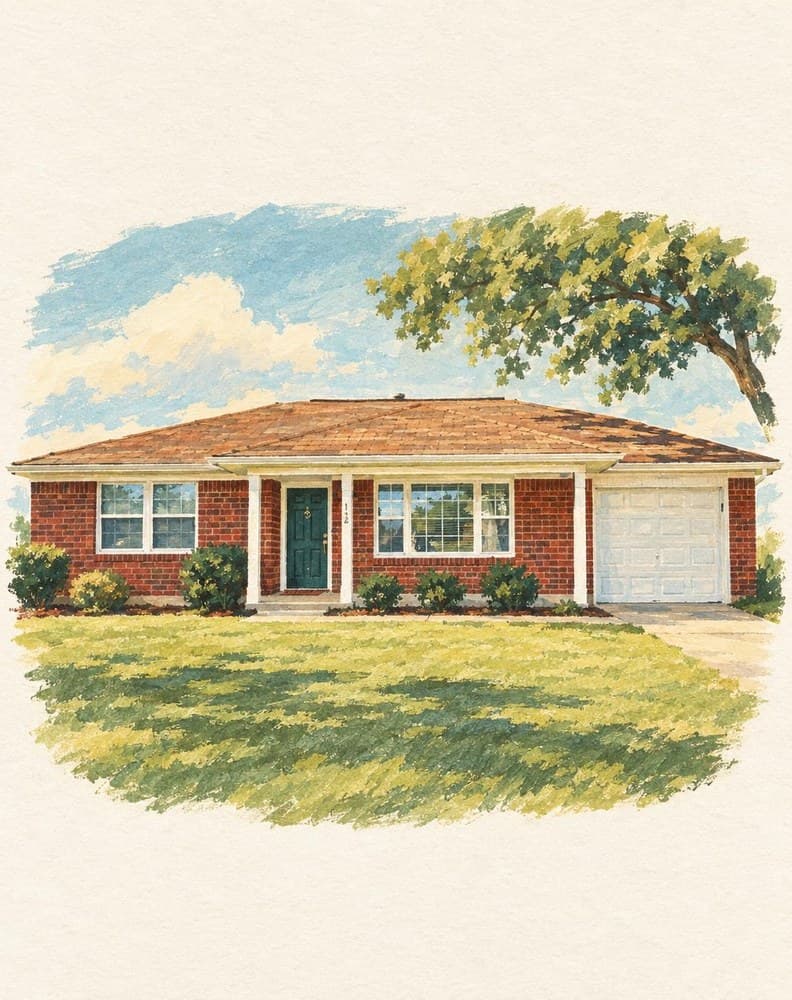 Vintage Postcard portrait of a brick ranch